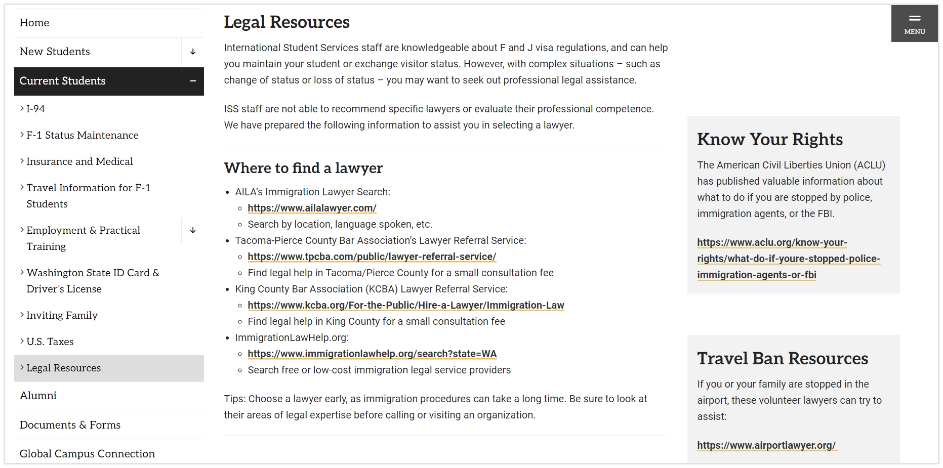 Strona z zasobami prawnymi Pacific Lutheran University